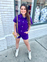 Load image into Gallery viewer, Go Purple Denim Romper