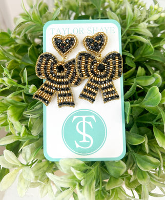 Black & Gold Beaded Bow Earrings