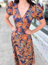 Load image into Gallery viewer, Eliza Rust Floral Puff Sleeve Midi