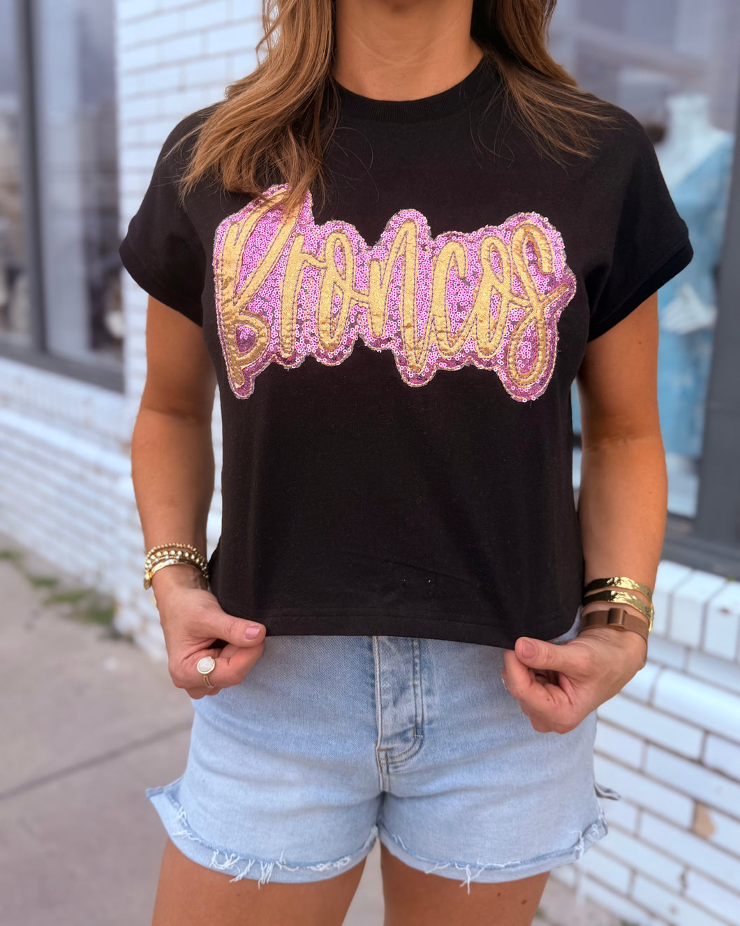 BRONCOS Sequin Spirit T-CROPPED