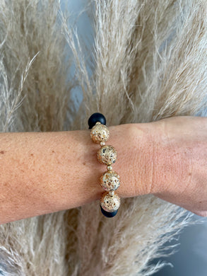 Black Wood Beaded and Gold Textured Stretch Bracelet