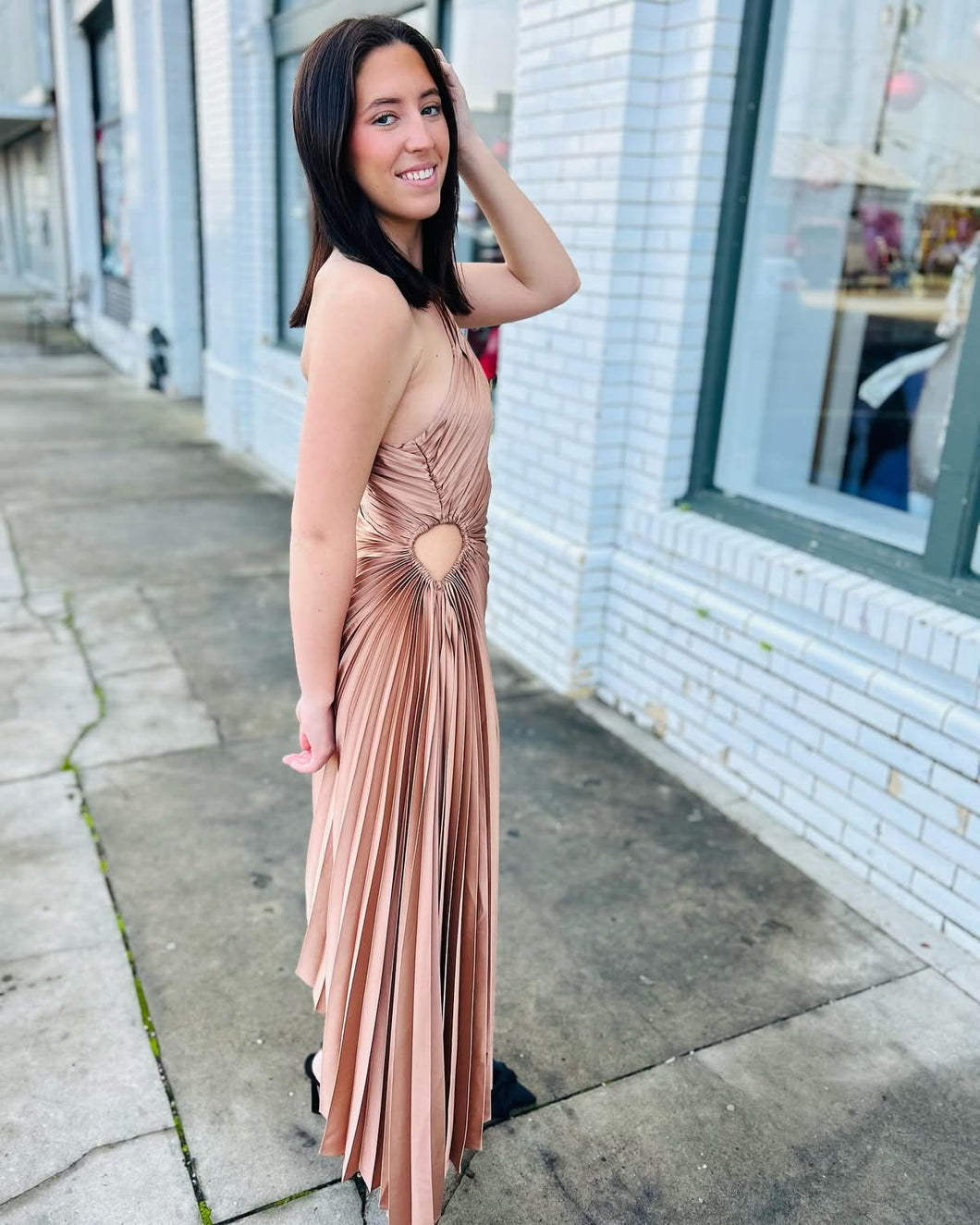 Olympia Asymmetrical Pleated Maxi Dress-Golden Sand Small Olympia Asymmetrical Pleated Maxi Dress-Golden Sand Small