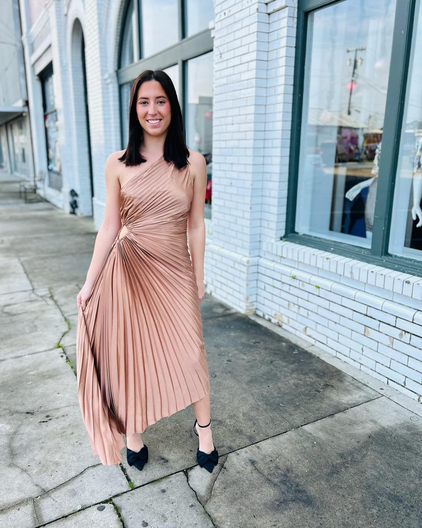 Olympia Asymmetrical Pleated Maxi Dress-Golden Sand Medium