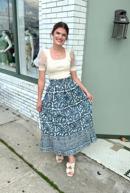 Falling into Navy Midi Skirt