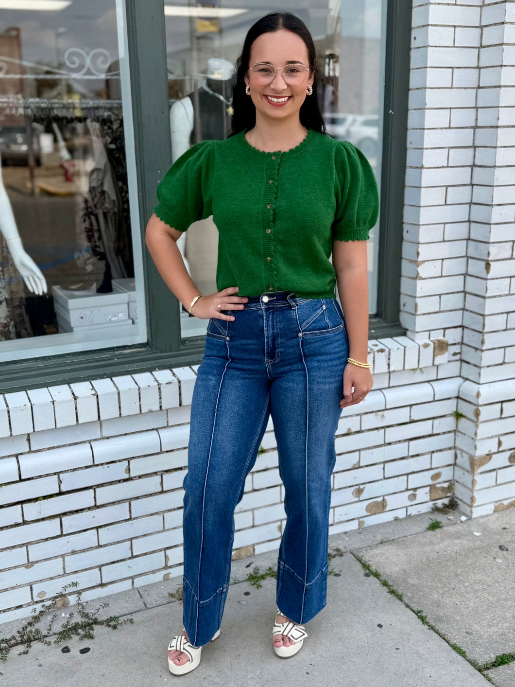 Softly Scalloped Cardigan Knit-Green