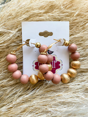 Pink Wood Beaded Hoops