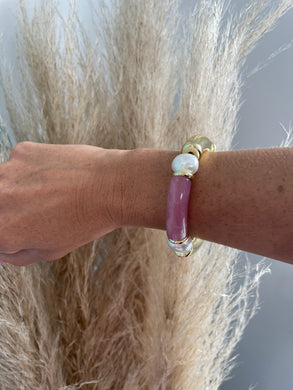 Pink, Gold, and Pearl Bamboo Tube Bracelet