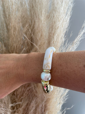 Natural Marble, Gold, and Pearl Tube Bracelet