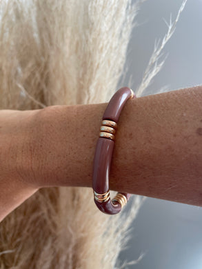 Mauve Acrylic Bamboo and Gold Stretch Bracelet