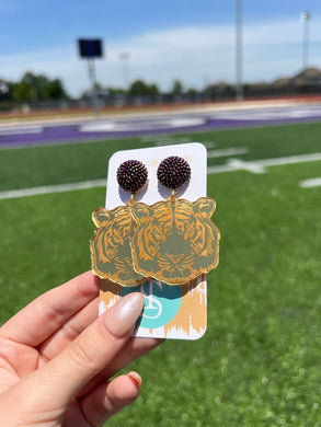 Gold Tiger Heads with Purple Top Earrings