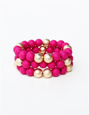 Hot Pink Wood and Gold Textured Beaded Stretch Bracelet