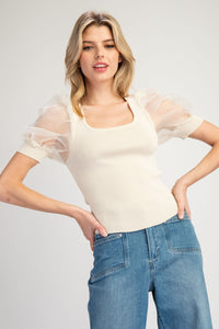 Feel Beautiful Mesh Sleeve Top-Oatmeal