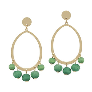 Open Gold Circle with Green Wood Beaded Earring