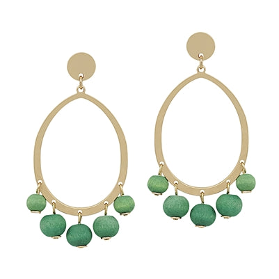 Open Gold Circle with Green Wood Beaded Earring